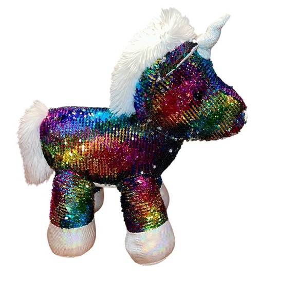 Rainbow/Silver Flip Sequin Unicorn Plush 8.5” x 14” x 17” - Picture 2 of 10